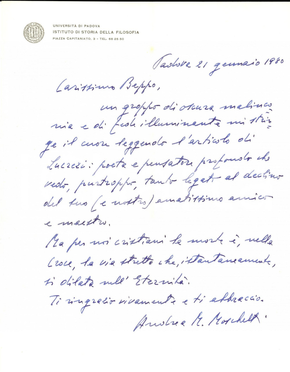 Autografo originale 1980 PADOVA Per noi cristiani la morte é la via stretta Andrea Mario MOSCHETTI 1