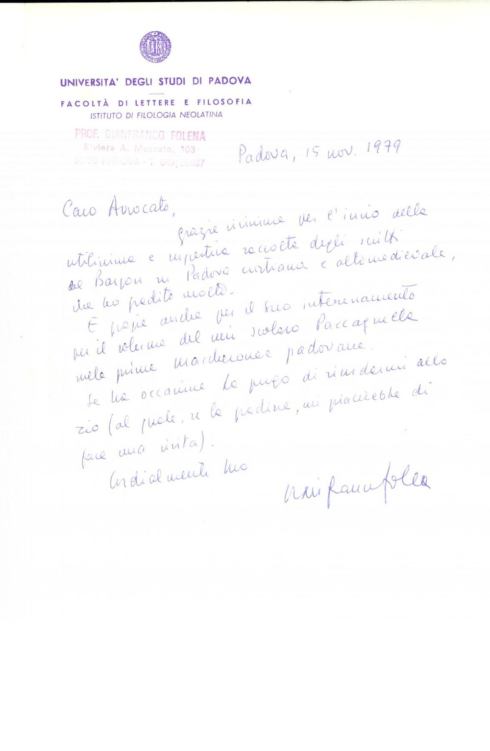 Autografo originale 1979 PADOVA Gianfranco FOLENA ringrazia per un volume ricevuto Autografo 1