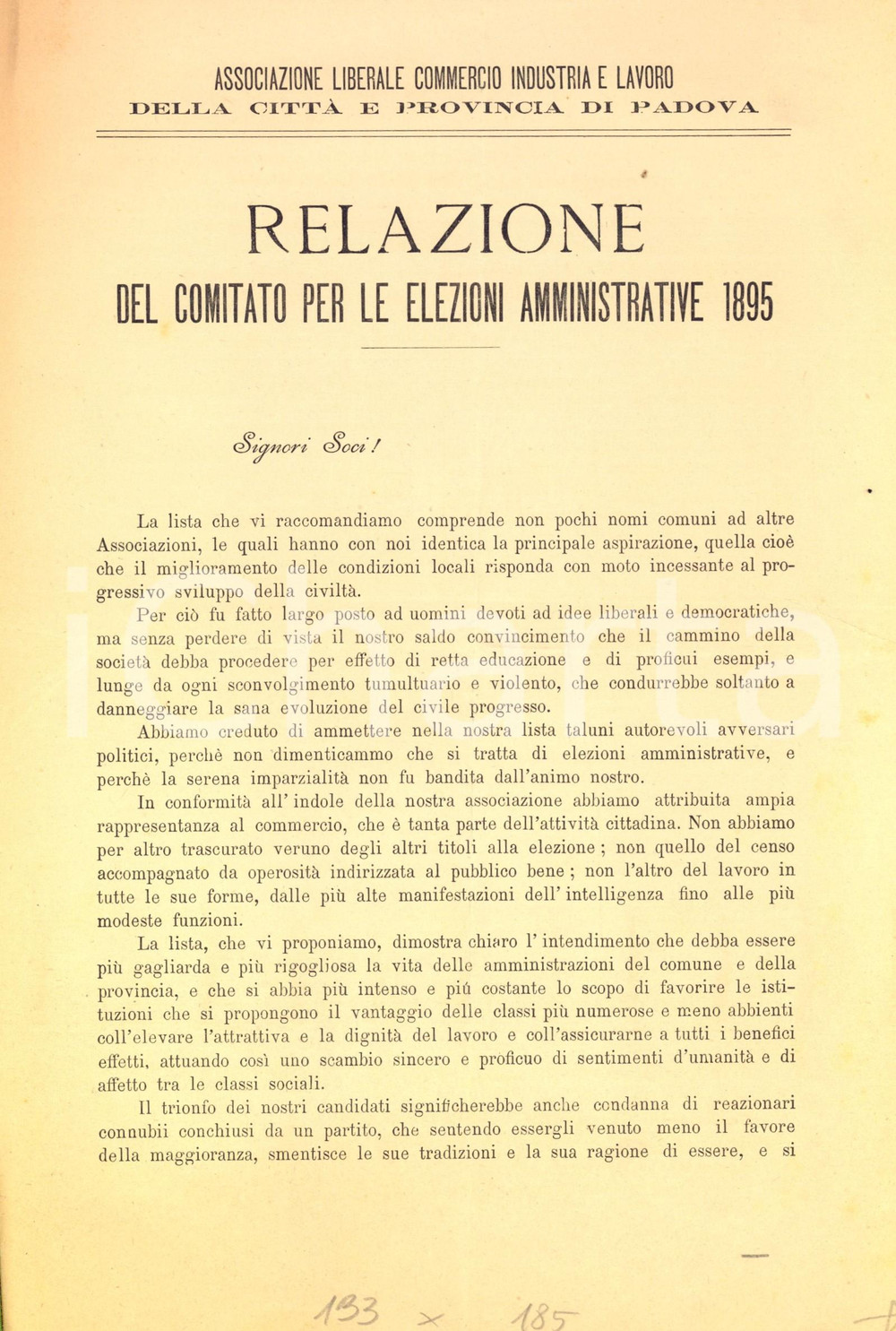Documento originale, autentico 1895 PADOVA Relazione del Comitato per le elezioni amministrative della cittÃ  1
