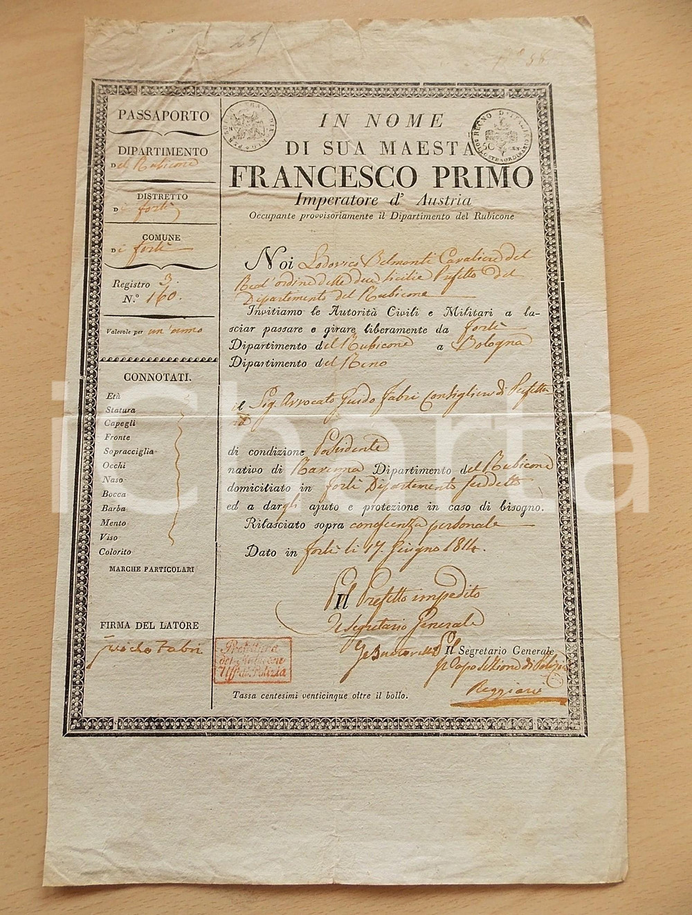 Documento originale, autentico 1814 DIPARTIMENTO DEL RUBICONE FORLÌ Lasciapassare Guido FABRI consigliere RARO 1