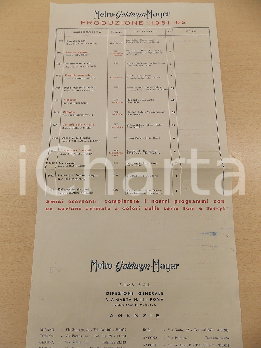 Materiale pubblicitario d’epoca 1961  1962 METRO GOLDWYN MAYER  Listino produzioni TARZAN Mogambo FRA DIAVOLO 1