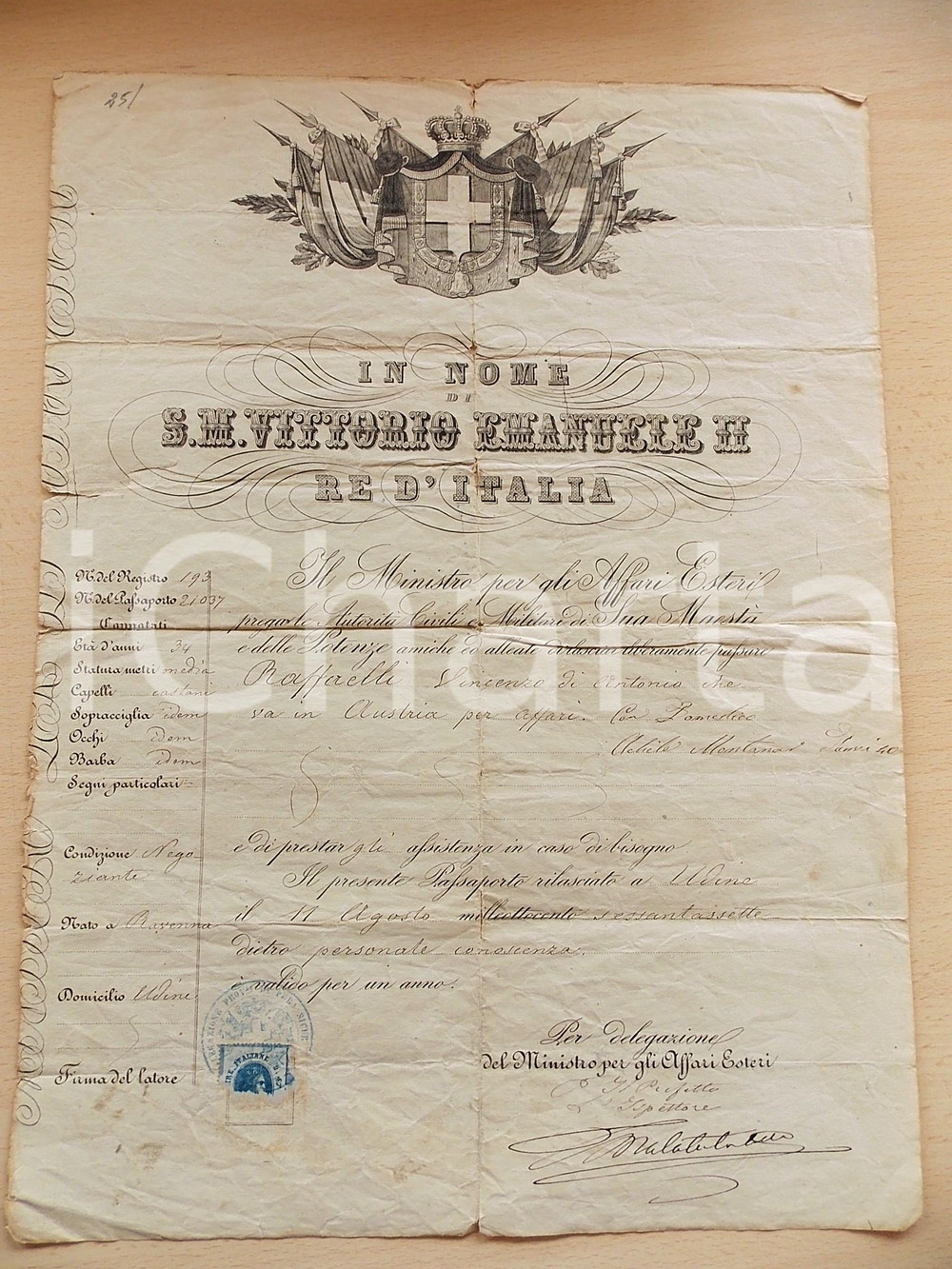 Documento originale, autentico 1867 REGNO D ITALIA UDINE Lasciapassare Vincenzo RAFFAELLI negoziante 30x40 cm 1