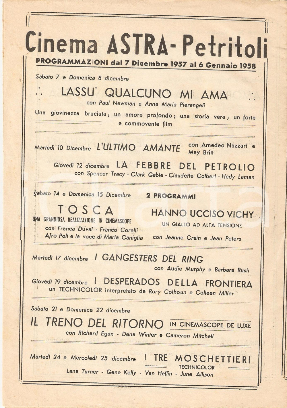 Materiale pubblicitario d’epoca 1958 PETRITOLI AP Cinema ASTRA Volantino programmazione LASSU  QUALCUNO MI AMA 1