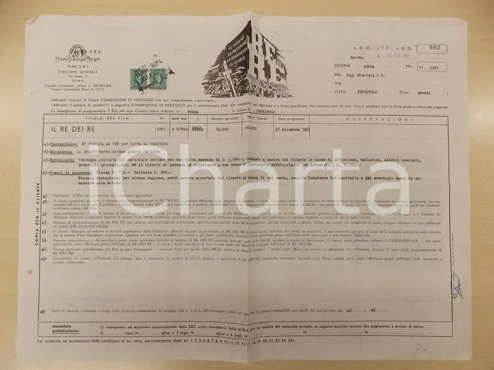 Materiale pubblicitario d’epoca 1962 PETRITOLI Cinema ASTRA  IL RE DEI RE Contratto per commissione di noleggio 1