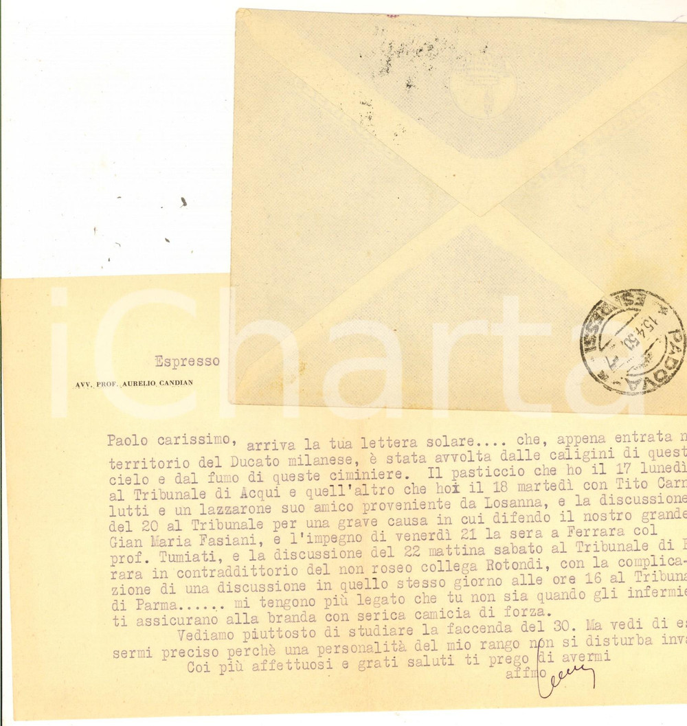 Autografo originale 1950 MILANO Avv. Aurelio CANDIAN legato come da una camicia di forza Autografo 1
