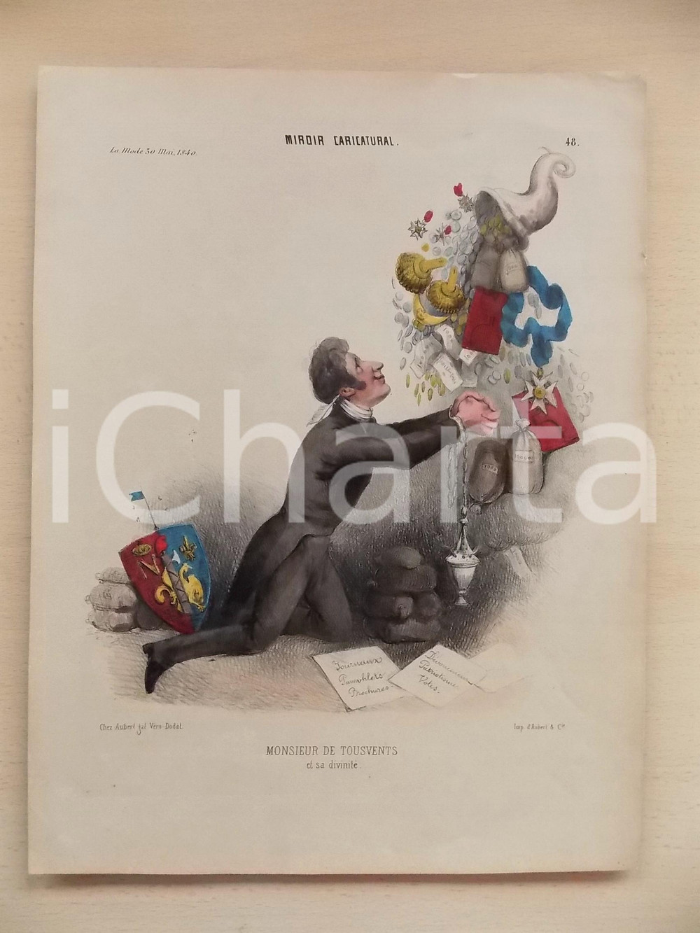 Stampa, bozzetto originale 1840 PARIS MIROIR CARICATURAL Monsieur de Tousvents Plate 48 LA MODE 26x34 cm 1