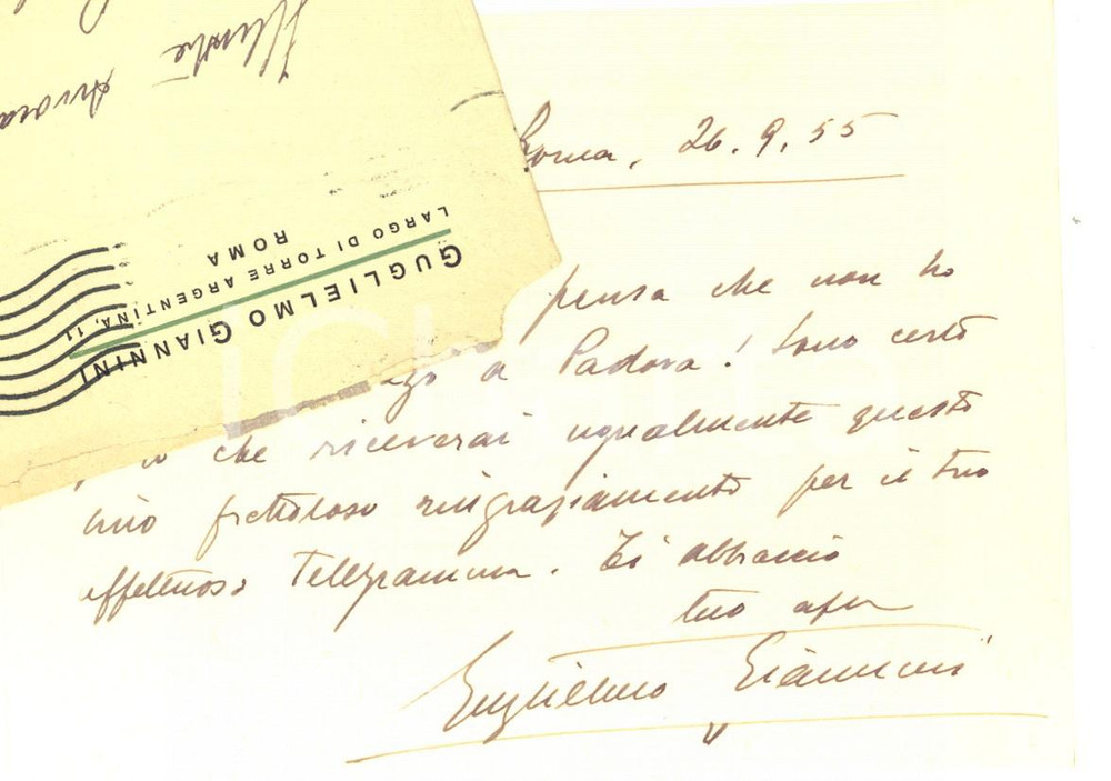 Manoscritto, lettera originale 1955 ROMA Guglielmo GIANNINI biglietto di ringraziamento Autografo 1