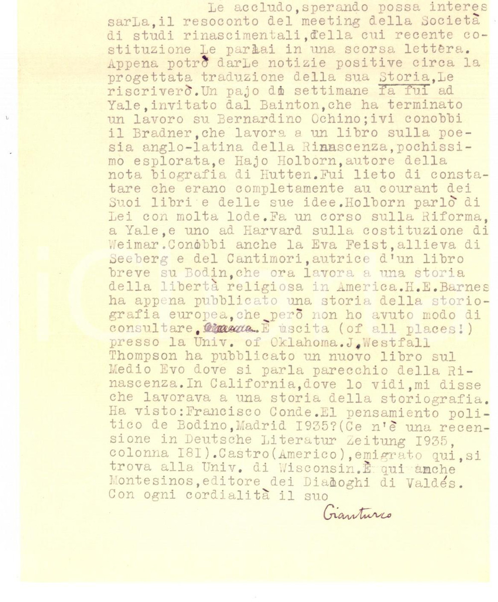 Autografo originale 1937 WASHINGTON Elio GIANTURCO e gli studiosi del Rinascimento Autografo 1