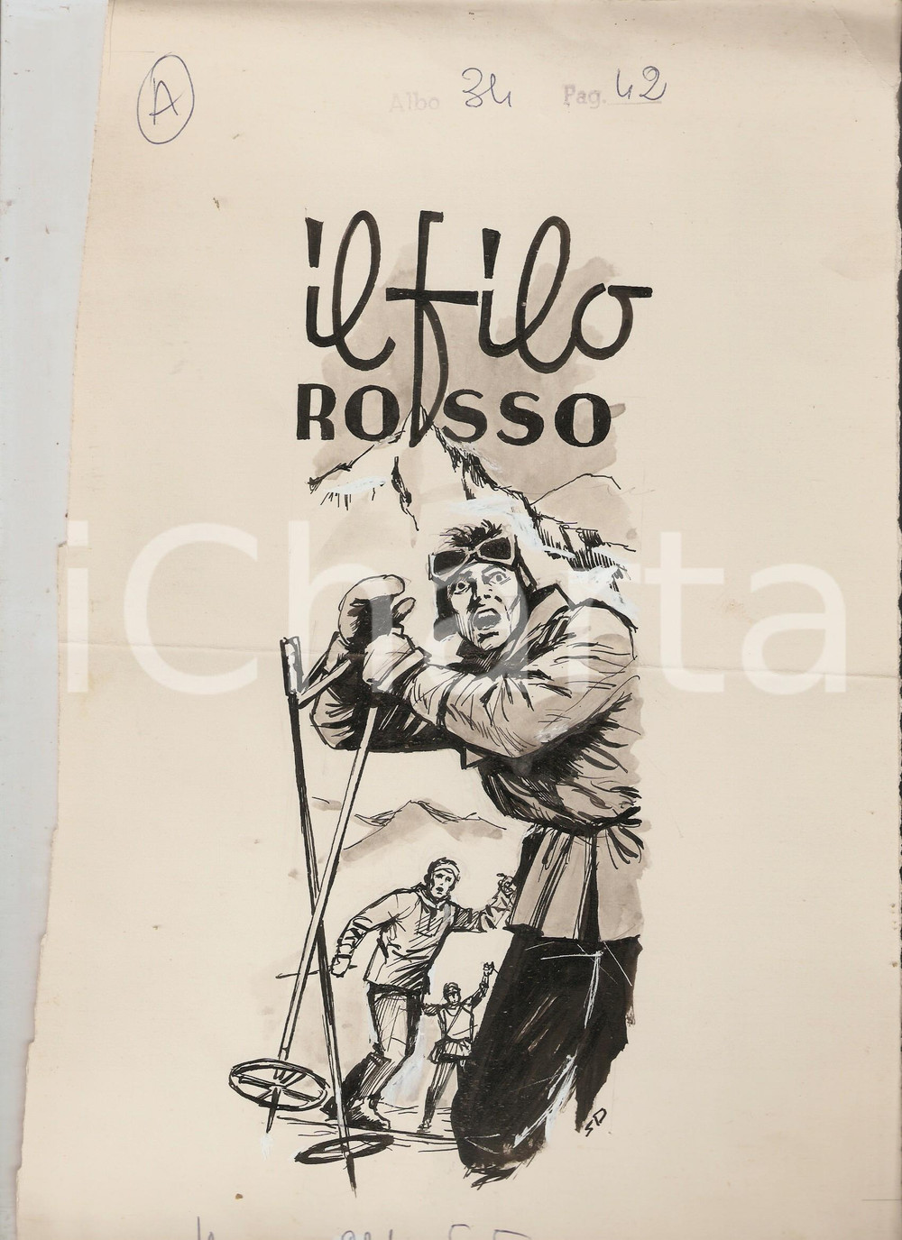 Stampa, bozzetto originale 1955 ca JOLLY ? Il filo rosso  Sciatori in pericolo Illustrazione ORIGINALE 1