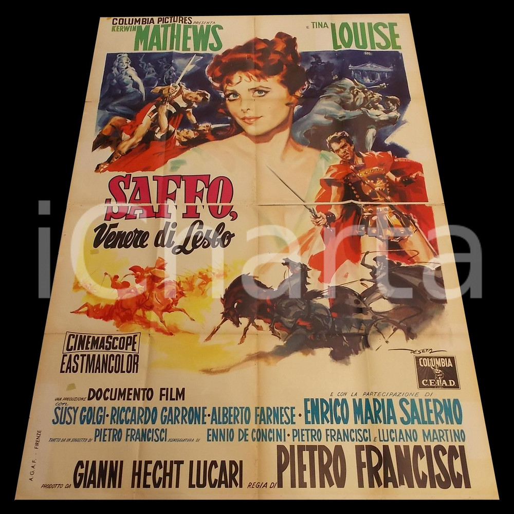 1960 SAFFO Venere di Lesbo - Tina LOUISE Kerwin MATHEWS *Manifesto 140x200 DIMENSIONI: 140x200 cm CONDIZIONI: POOR (forellini diffusi, mancanze al margine destro, residui di nastro adesivo)    originale e autentica 1