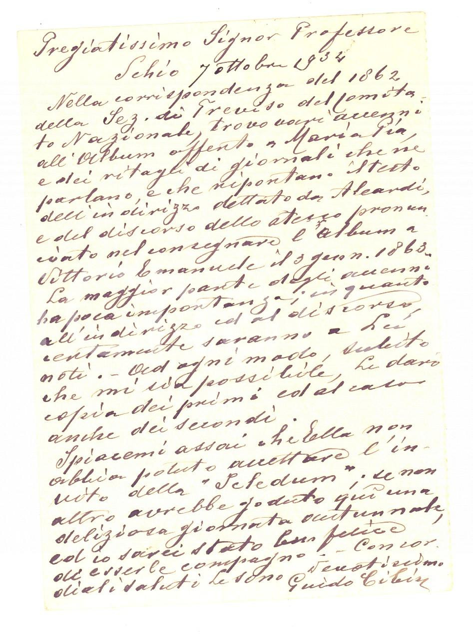 Manoscritto, lettera originale 1934 SCHIO Guido CIBIN sull album per Maria Pia di Portogallo Autografo 1