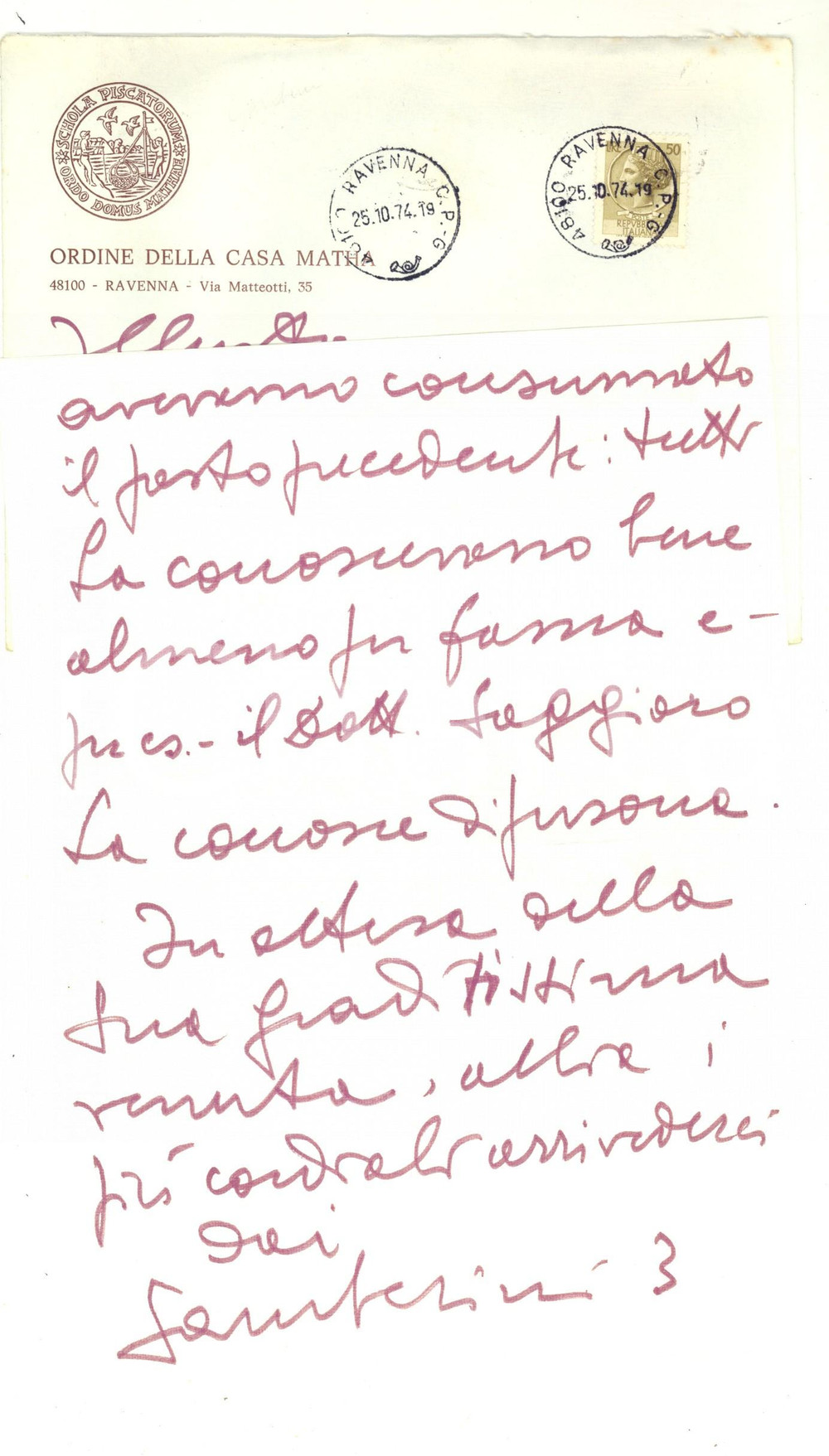 Autografo originale 1974 RAVENNA Giordano GAMBERINI ringrazia per una conferenza Autografo 1