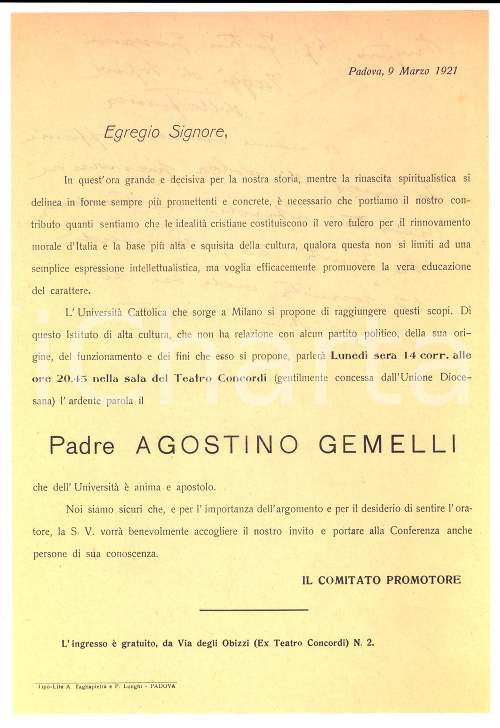 Documento originale, autentico 1921 PADOVA Università Cattolica  Conferenza padre Agostino GEMELLI Locandina 1