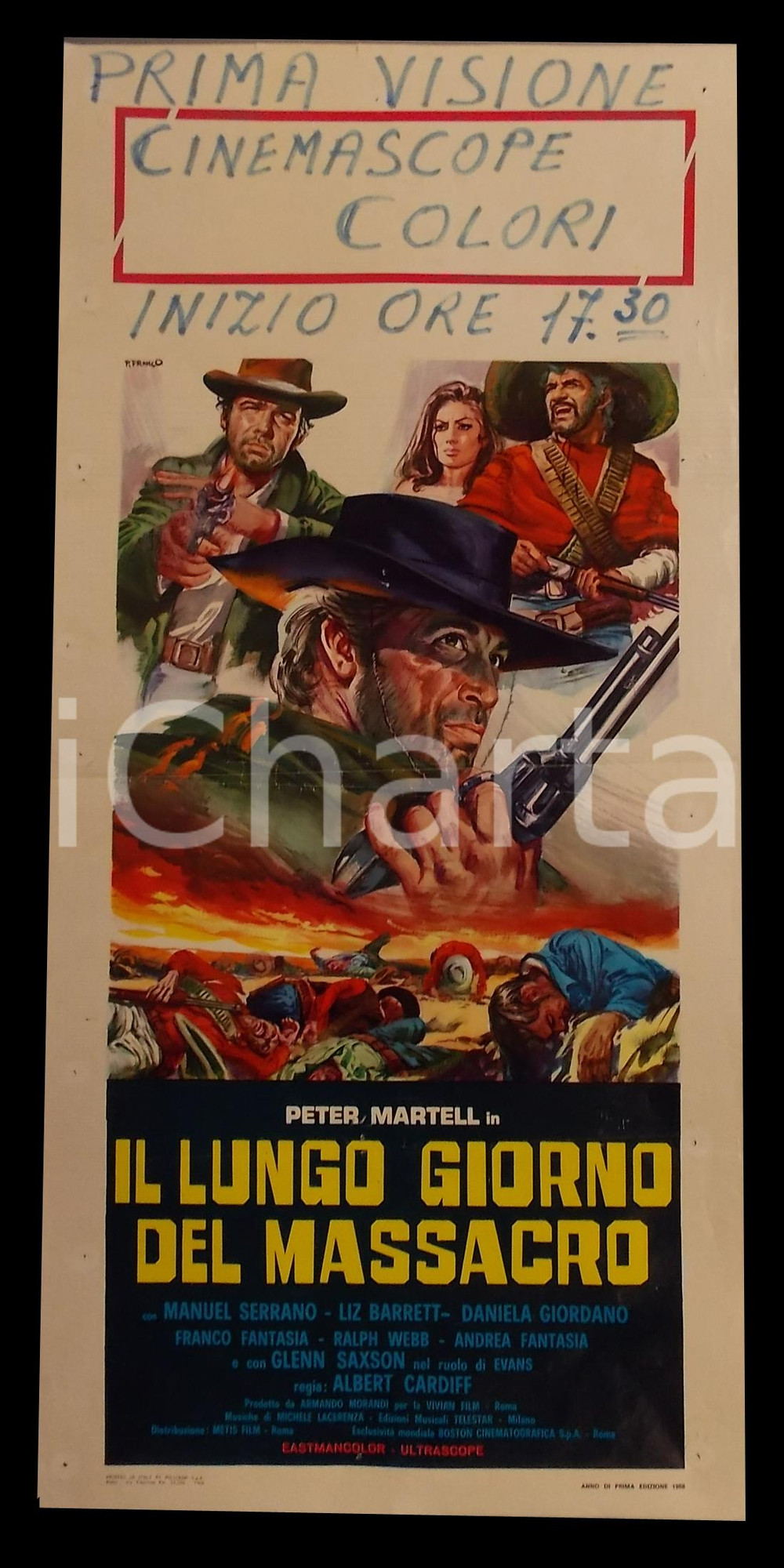 Materiale cinematografico d’epoca 1968 IL LUNGO GIORNO DEL MASSACRO Pietro MARTELLANZA Manifesto WESTERN 32x70 cm 1