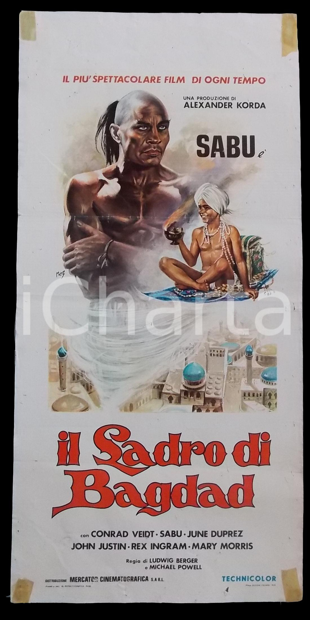 Materiale cinematografico d’epoca 1975 IL LADRO DI BAGDAD  SABU Conrad VEIDT June DUPREZ Manifesto 32x70 cm 1