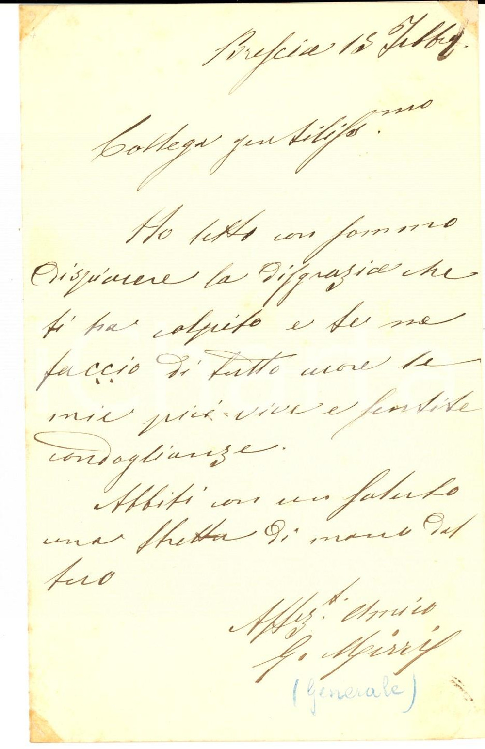 Autografo originale 1890 ca BRESCIA Lettera generale Giuseppe MIRRI per condoglianze  Autografo 1