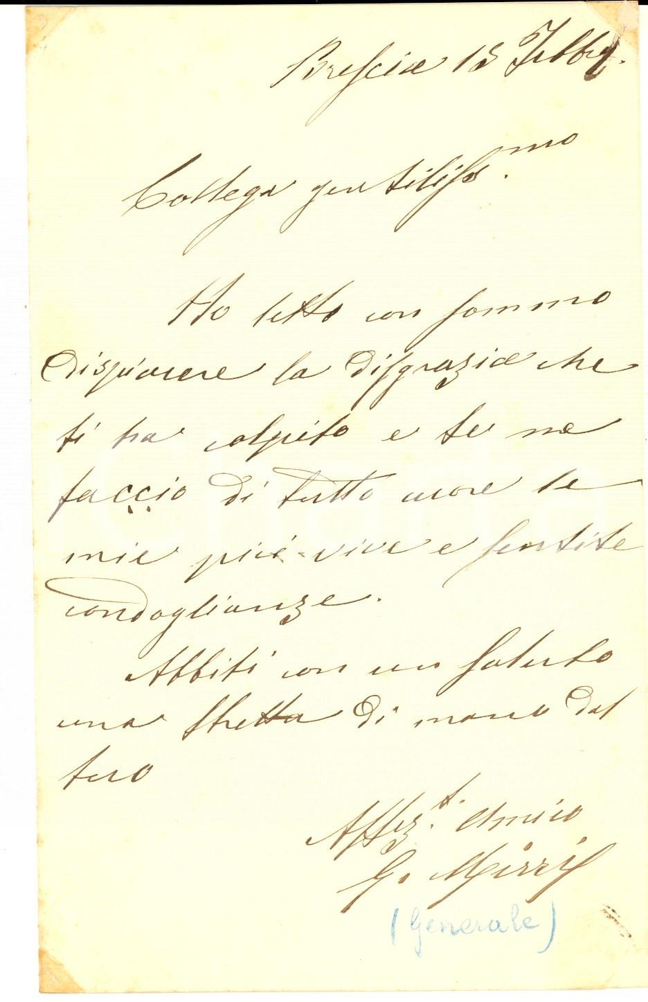 Autografo originale 1890 ca BRESCIA Lettera generale Giuseppe MIRRI per condoglianze  Autografo 1