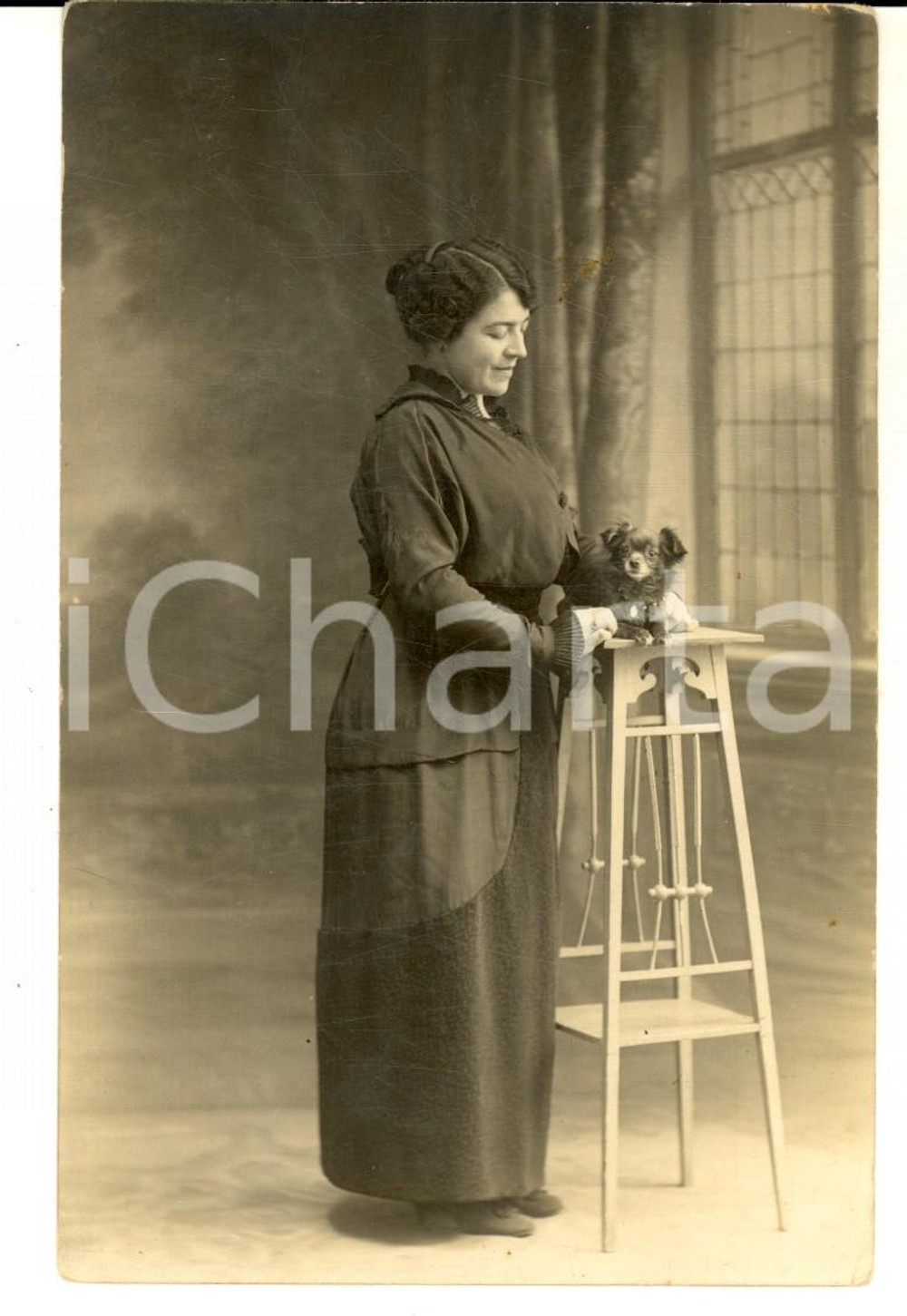 Fotografia d epoca originale 1910 ca PARIS Ritratto di donna con cagnolino  Foto cartolina CURIOSA BUIZARD 1