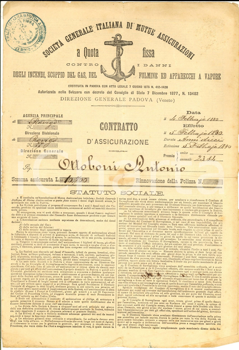 Documento originale, autentico 1880 ROVIGO SocietÃ  Generale Mutue Assicurazioni  Contratto Antonio OTTOBONI 1