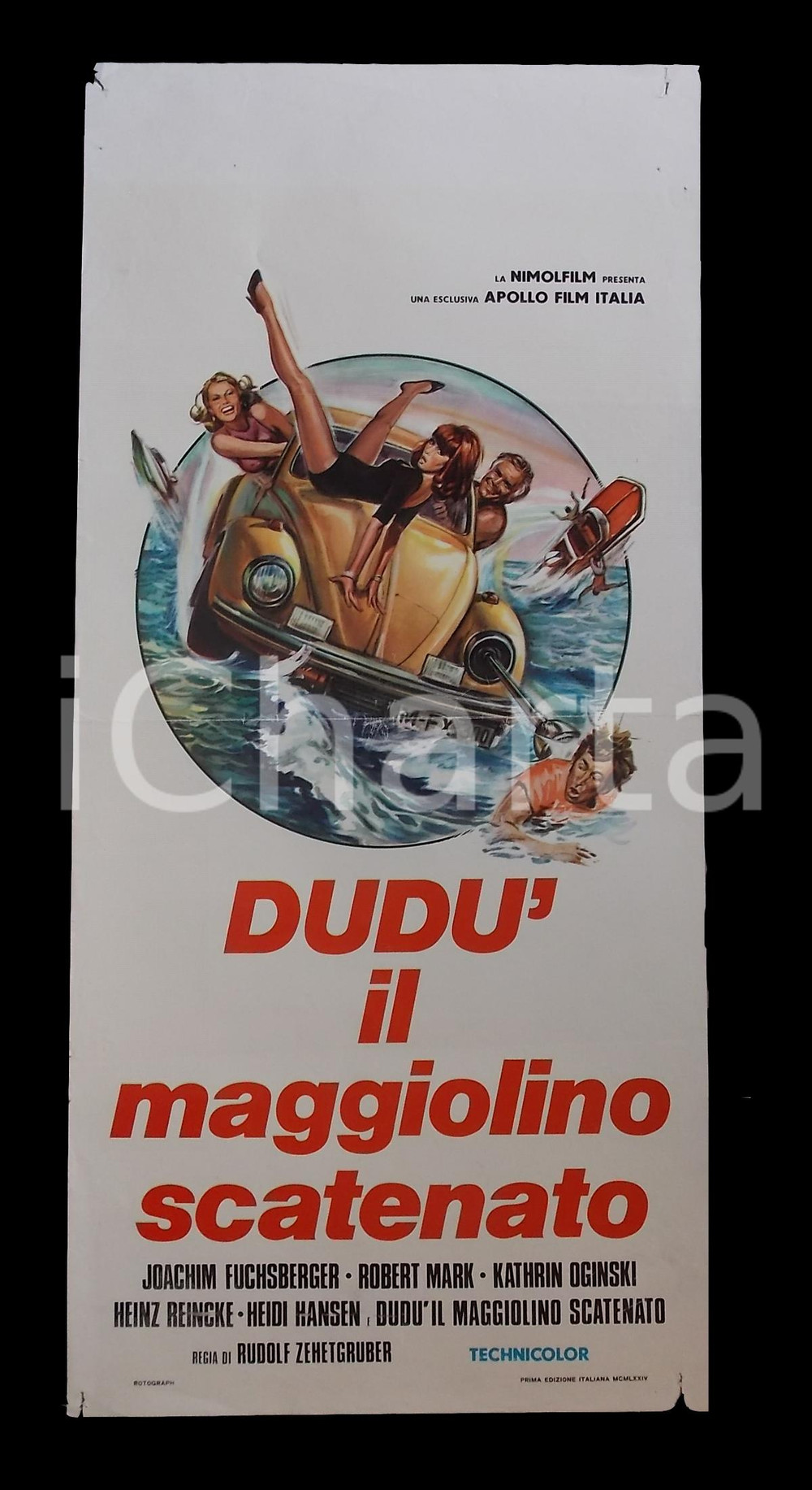 Materiale cinematografico d’epoca 1972 DUDU  IL MAGGIOLINO SCATENATO Joachim FUCHSBERGER Manifesto 32x70 cm 1