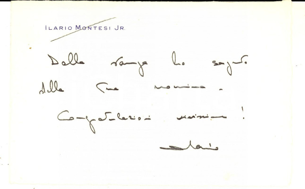 Autografo originale 1970 ca PADOVA Biglietto congratulazioni Ilario MONTESI jr  Autografo 1