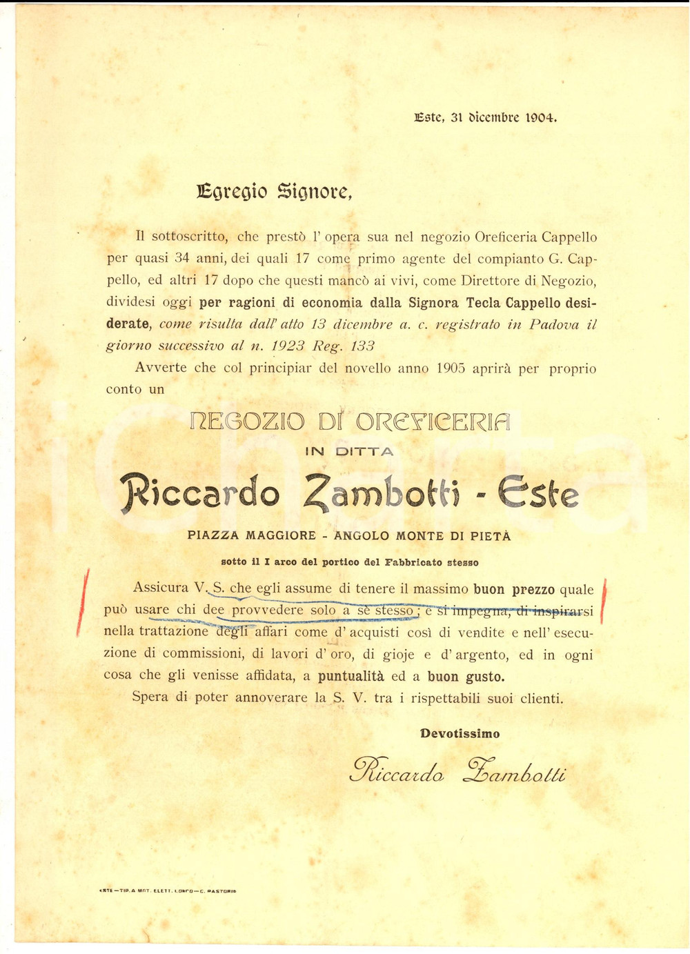 Manoscritto, lettera originale 1904 ESTE Apertura negozio oreficeria Riccardo ZAMBONI  Lettera pubblicitaria 1