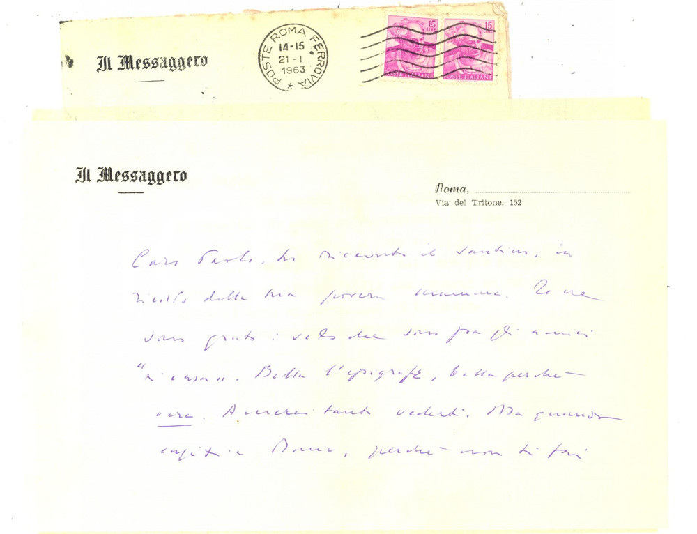 Autografo originale 1963 ROMA IL MESSAGGERO Mario MISSIROLI ringrazia per santini Autografo 1