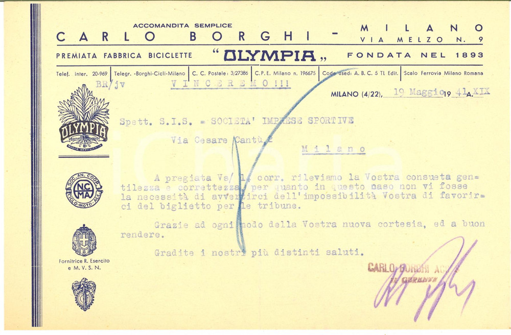 Manoscritto, lettera originale 1941 MILANO CICLISMO Lettera Carlo BORGHI Premiata Fabbrica Biciclette 1