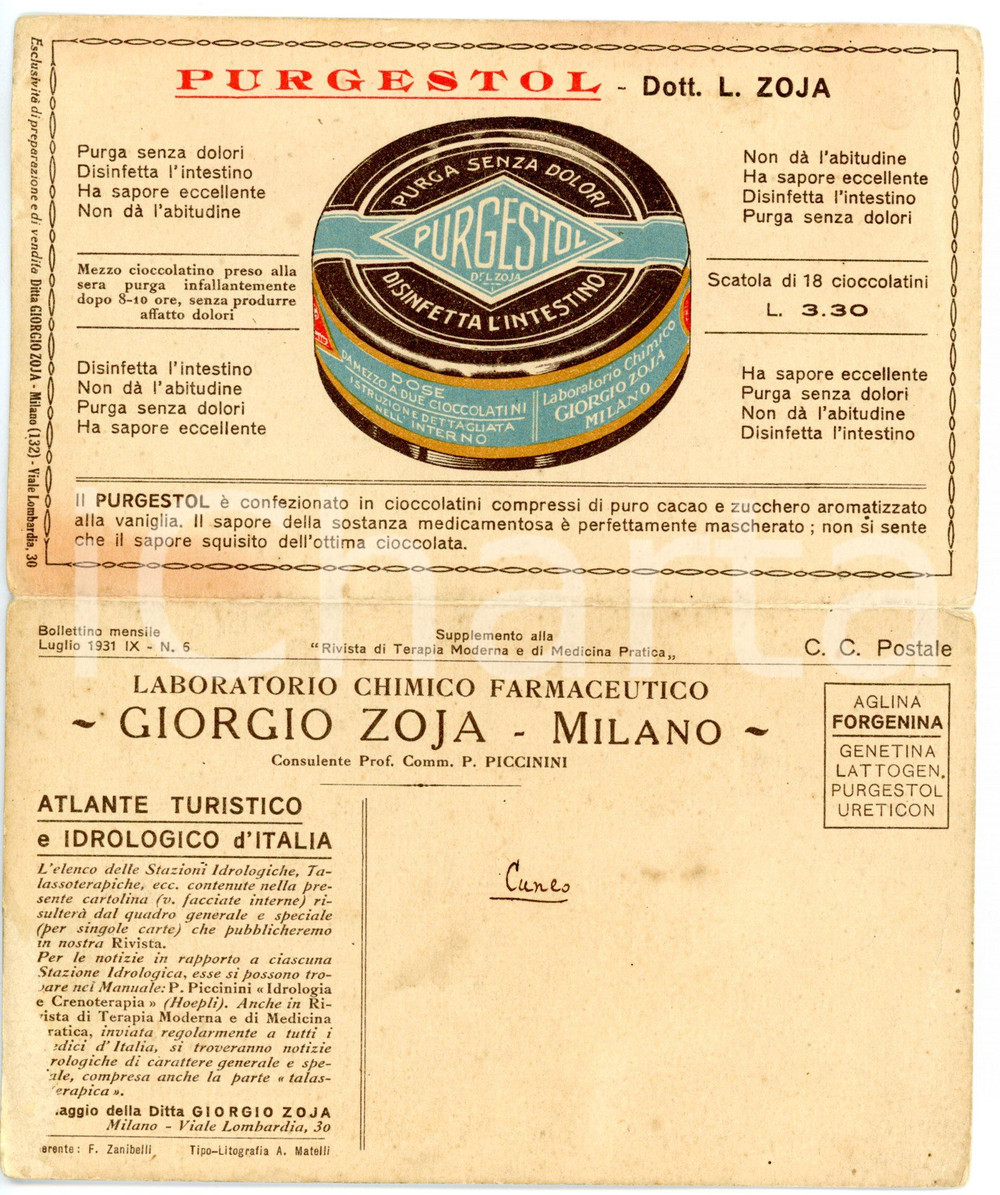 Materiale pubblicitario d’epoca 1931 MILANO Laboratorio Giorgio ZOJA  Medicinale PURGESTOL Biglietto ILLUSTRATO 1