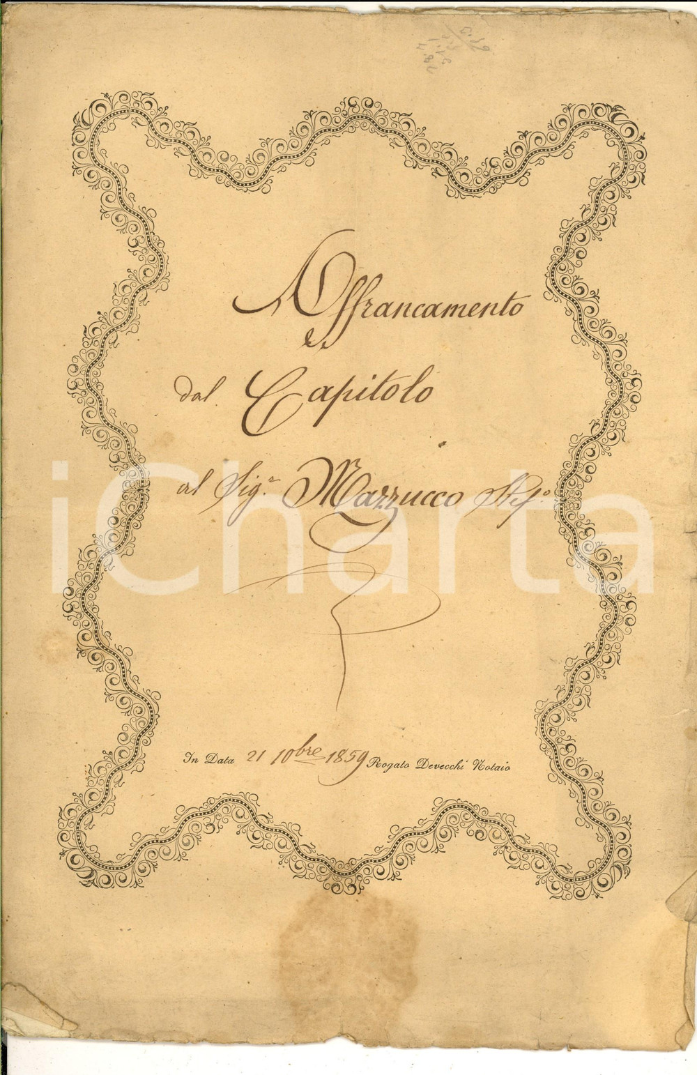 Documento originale, autentico 1859 CASALE MONFERRATO Stefano MAZZUCCO  Affrancamento enfiteusi cattedrale 1
