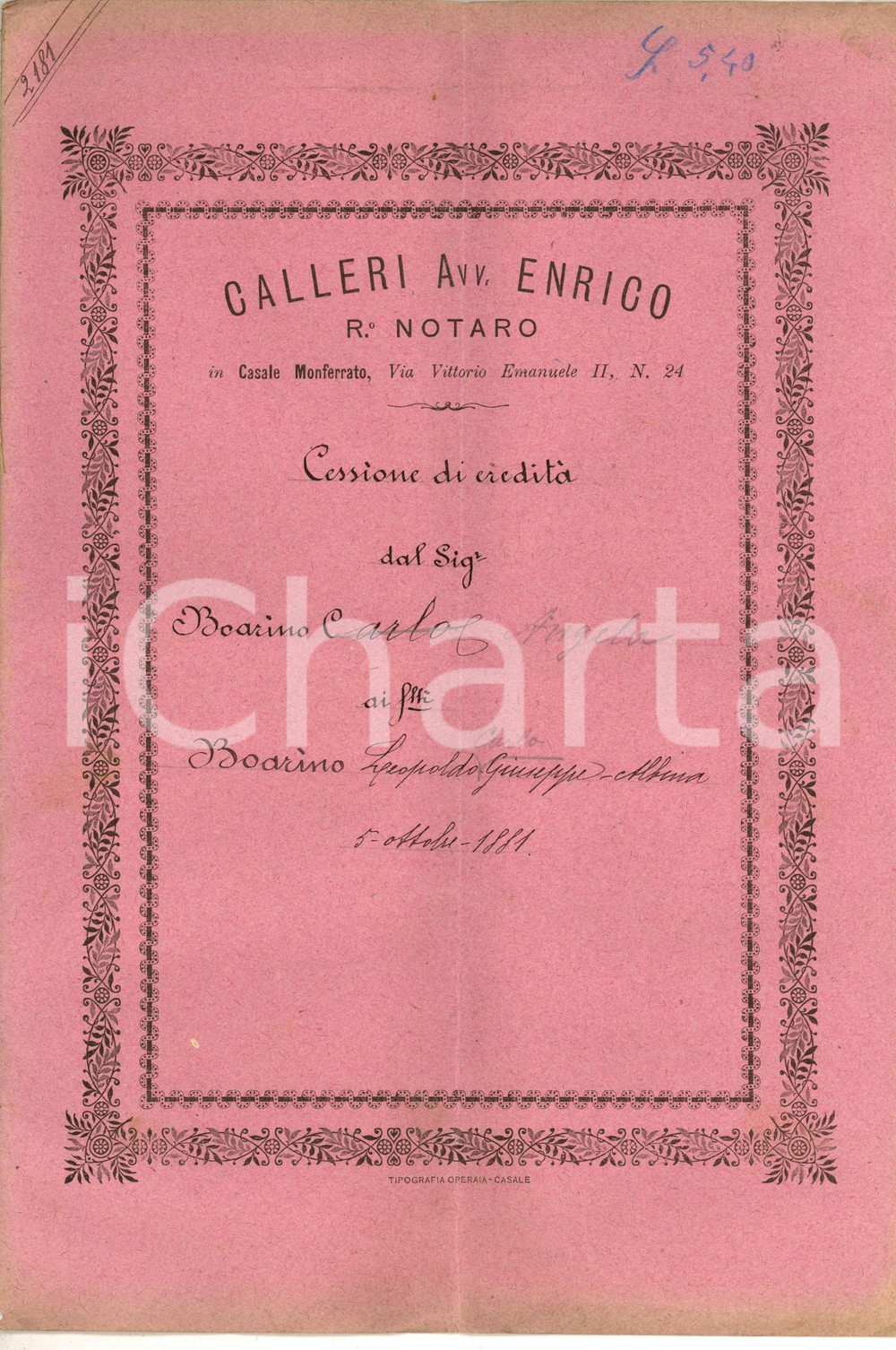 Documento originale, autentico 1881 CASALE MONFERRATO Cessione ereditÃ  Angela BOARINO ai fratelli  Manoscritto 1