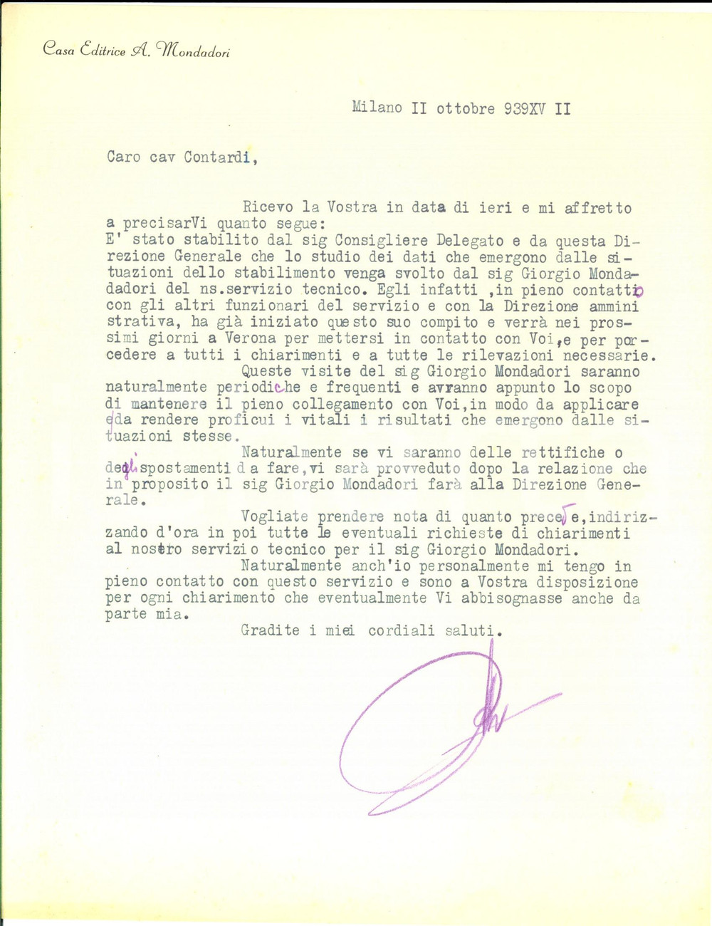 Manoscritto, lettera originale 1940 MILANO Casa Editrice MONDADORI  Visite Giorgio MONDADORI allo stabilimento 1