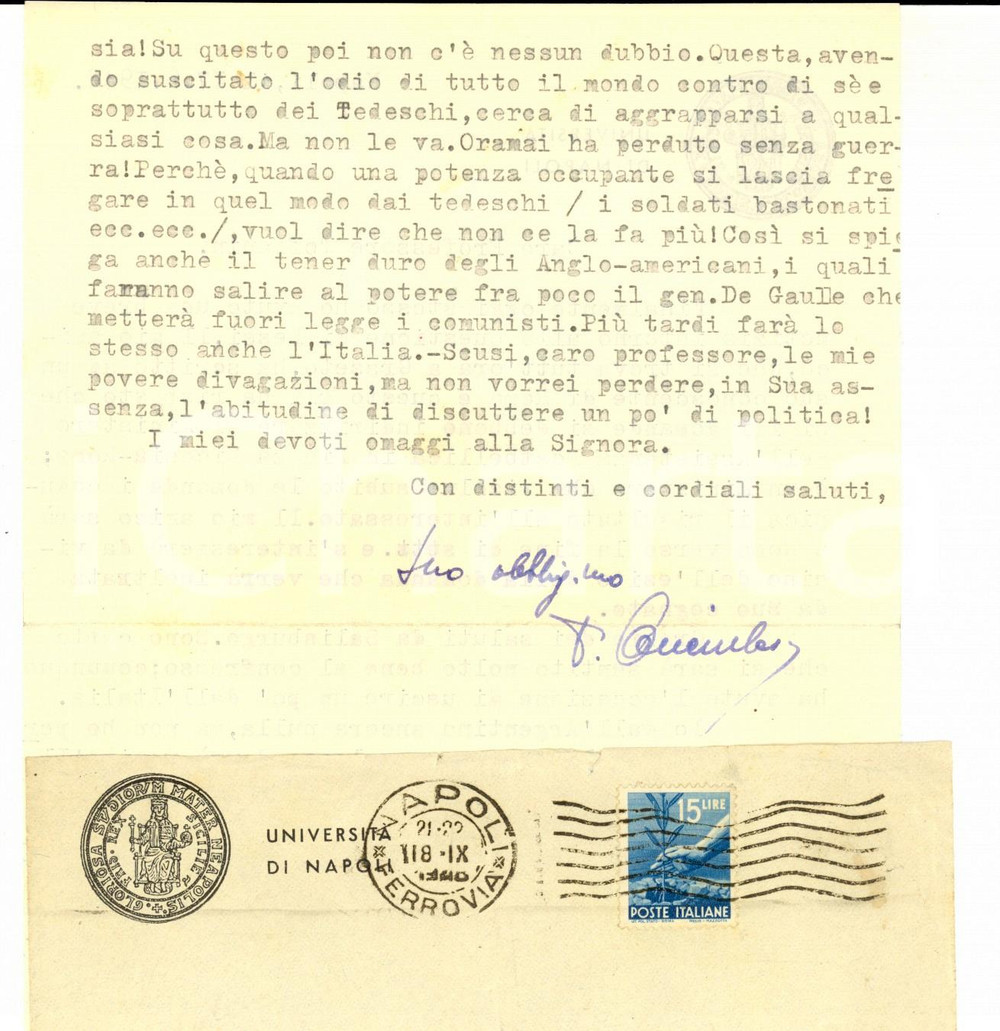 Autografo originale 1948 NAPOLI Teodor ONCIULESCU e la Russia fregata dai Tedeschi  Autografo 1