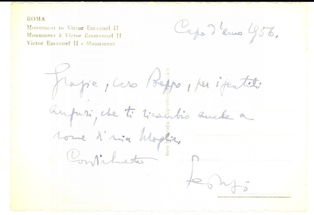 Autografo originale 1956 ROMA Luigi FEDERZONI Cartolina di auguri Capodanno  AUTOGRAFO 1