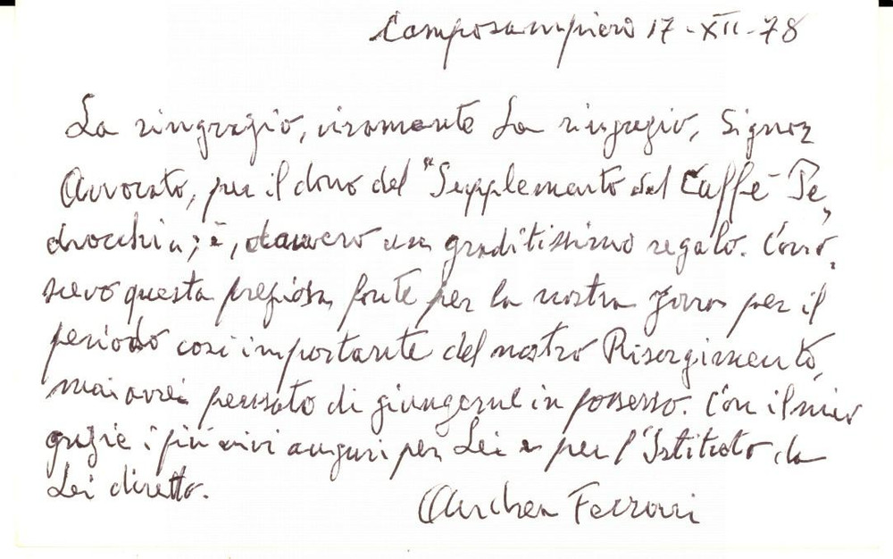 Autografo originale 1978 CAMPOSAMPIERO Biglietto Andrea FERRARI ringraziamento  Autografo 1