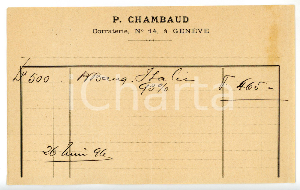 Documento originale, autentico 1896 GENEVE Rue de la Corraterie  P. CHAMBAUD Fattura su carta intestata 1