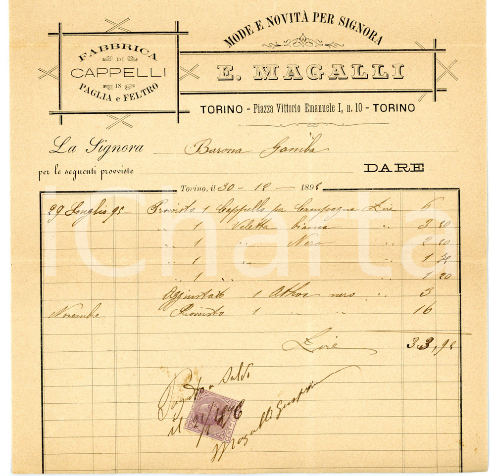 1896 TORINO Piazza Vittorio Emanuele - E. MAGALLI Fabbrica cappelli - Fattura  Fattura su carta intestata, con marca da bollo.CONDIZIONI: FAIR (piegature d'epoca)FORMATO: 22x16 cm     originale e autentica 1