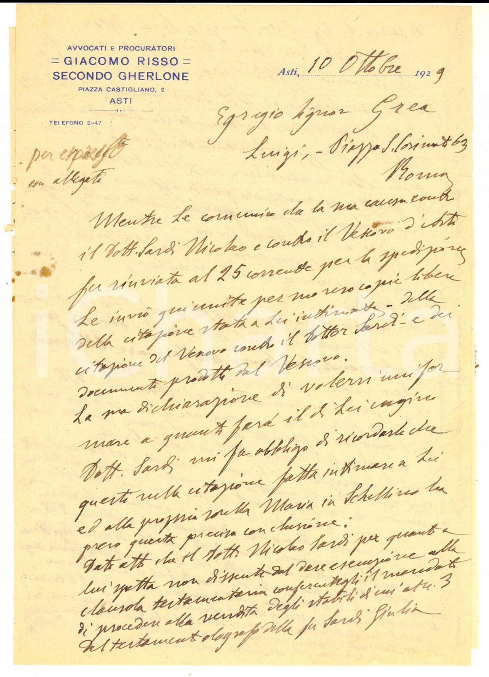 1929 ASTI Lettera dell'avv. Giacomo RISSO per una causa contro il vescovo