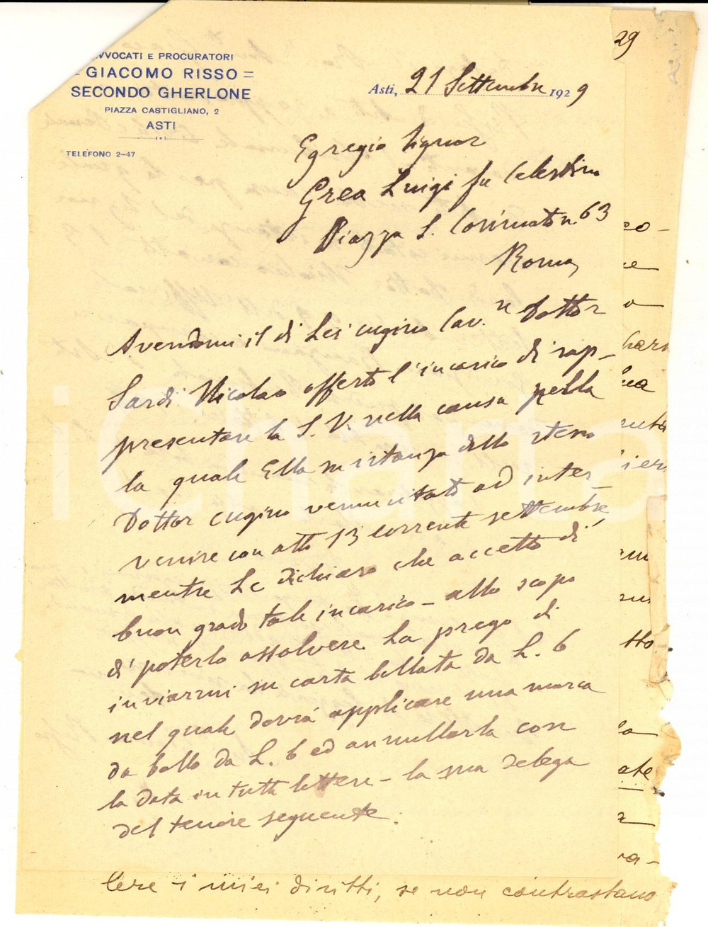 1929 ASTI Lettera davv. Giacomo RISSO sul mandato di un cliente *Con ricevuta