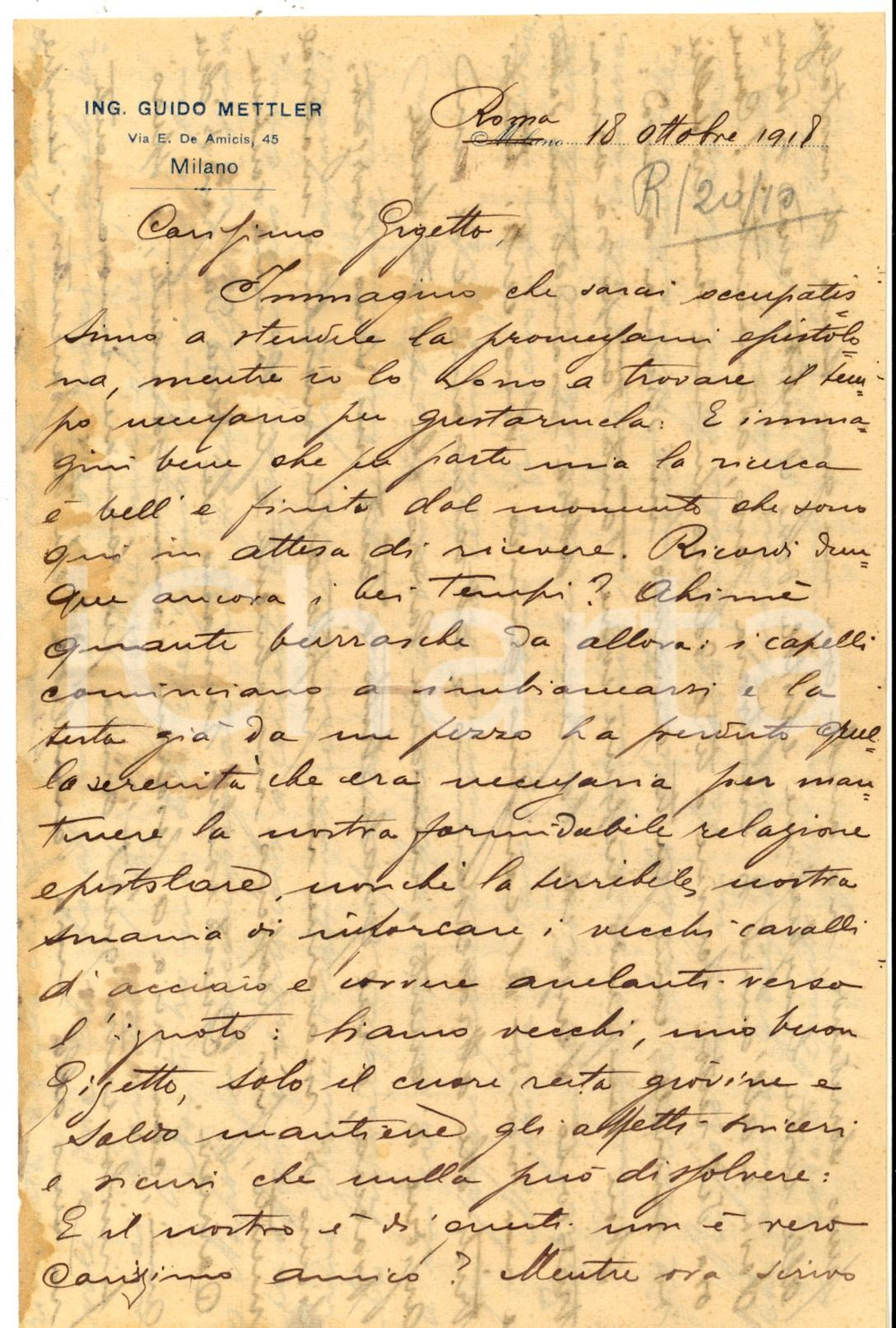 1918  ROMA Ing. Guido METTLER spera di rientrare a Milano - Lettera a un amico