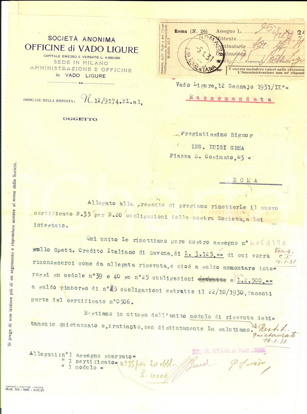 1931 VADO LIGURE Società Anonima Officine - Lettera obbligazioni con ricevuta
