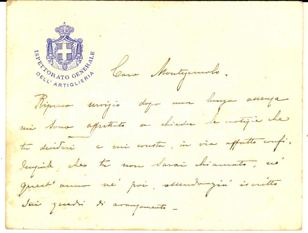1913 ROMA Ispettorato Generale ARTIGLIERIA - Biglietto manoscritto a MONTEZEMOLO Biglietto manoscritto, intestato, bifacciale.CONDIZIONI: G    originale e autentica 1