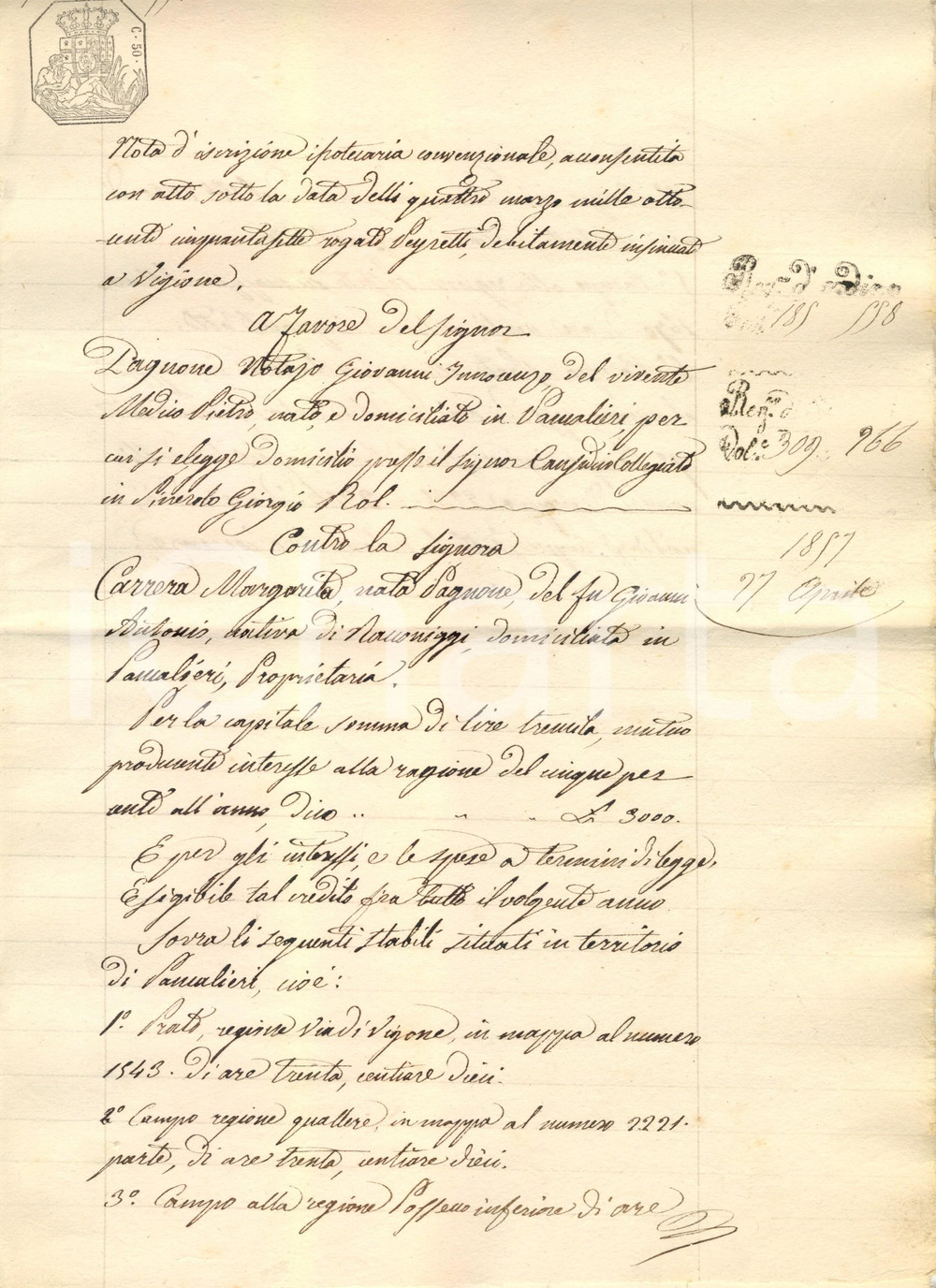 Documento originale, autentico 1857 PANCALIERI (TO) Giovanni Innocenzo PAGNONE vs vedova Margherita CARRERA 1