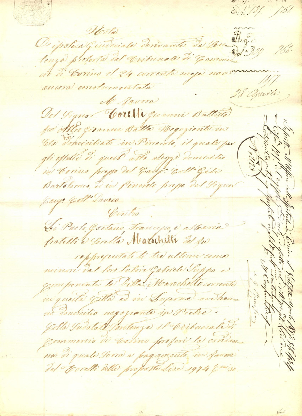 Documento originale, autentico 1857 LUSERNA (TO) Iscrizione contro fratelli MAROCHETTI commercianti di pietre 1