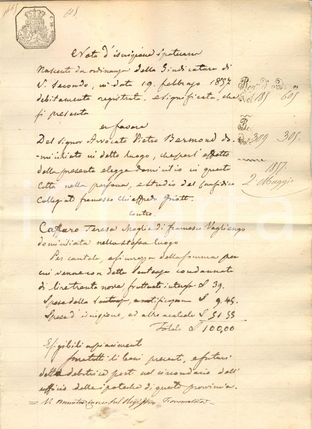 Documento originale, autentico 1857 SAN SECONDO DI PINEROLO (TO) Iscrizione contro Teresa CAFFARO VAGLIENGO 1