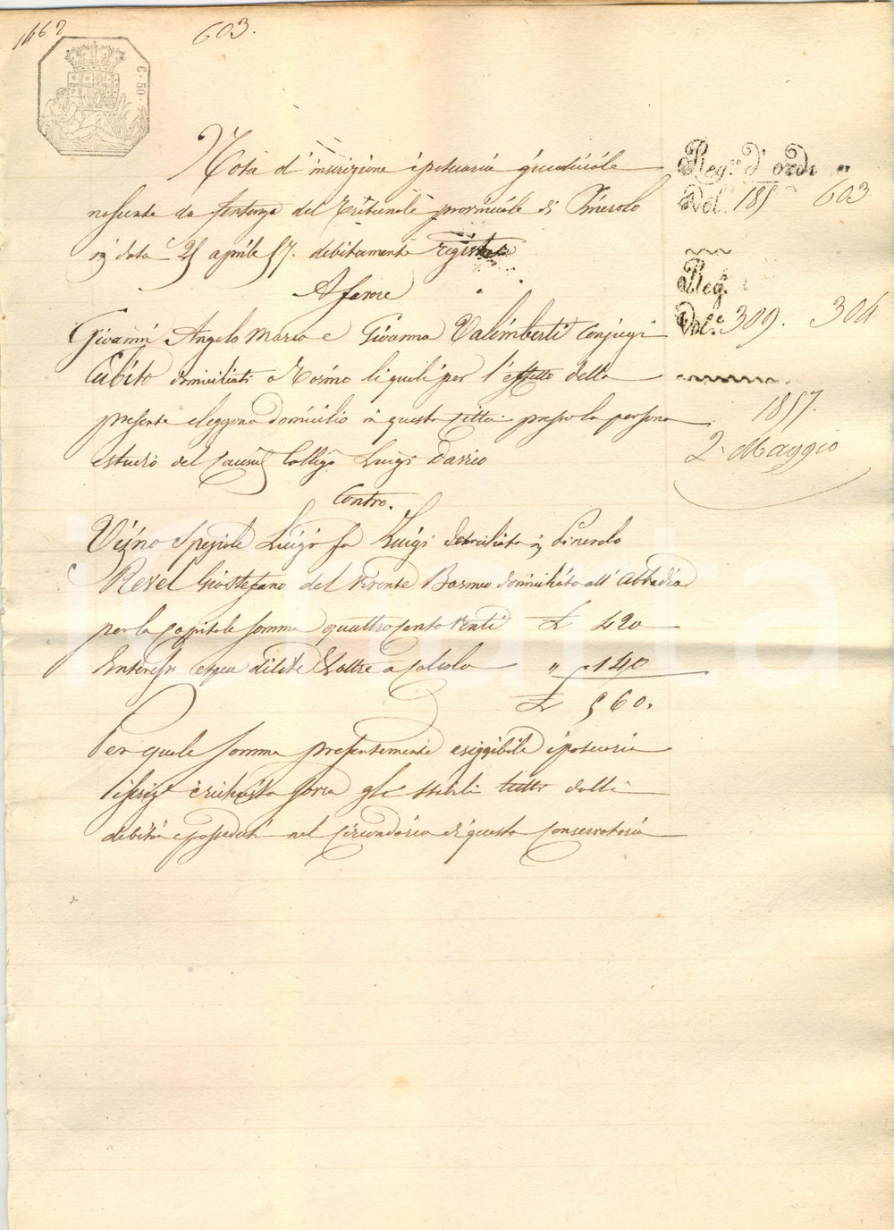 Documento originale, autentico 1857 PINEROLO (TO) Coniugi VALIMBERTI contro speziale Luigi VIJNO debitore 1