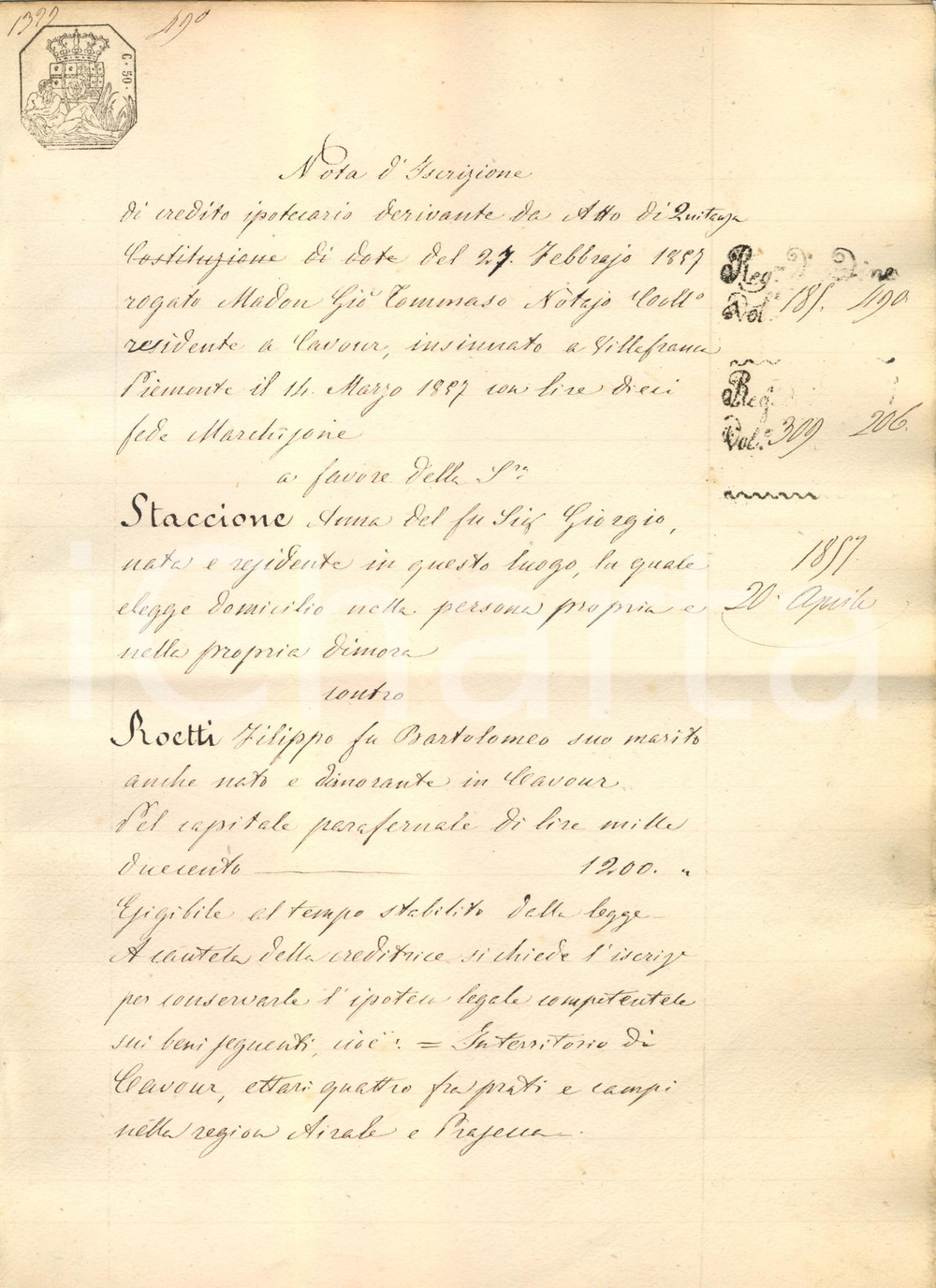 Documento originale, autentico 1857 CAVOUR (TO) Iscrizione pro Anna STACCIONE vs debitore Filippo ROETTI 1