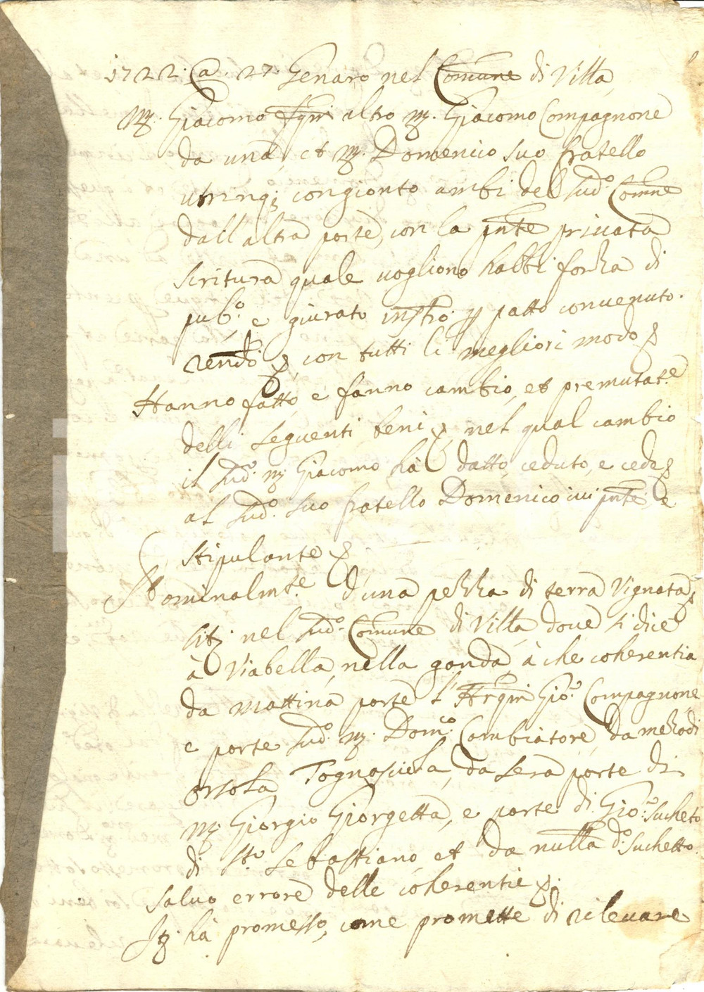 Documento originale, autentico 1722 VILLA DI CHIAVENNA SO Permuta tra fratelli Giacomo e Domenico COMPAGNONE 1