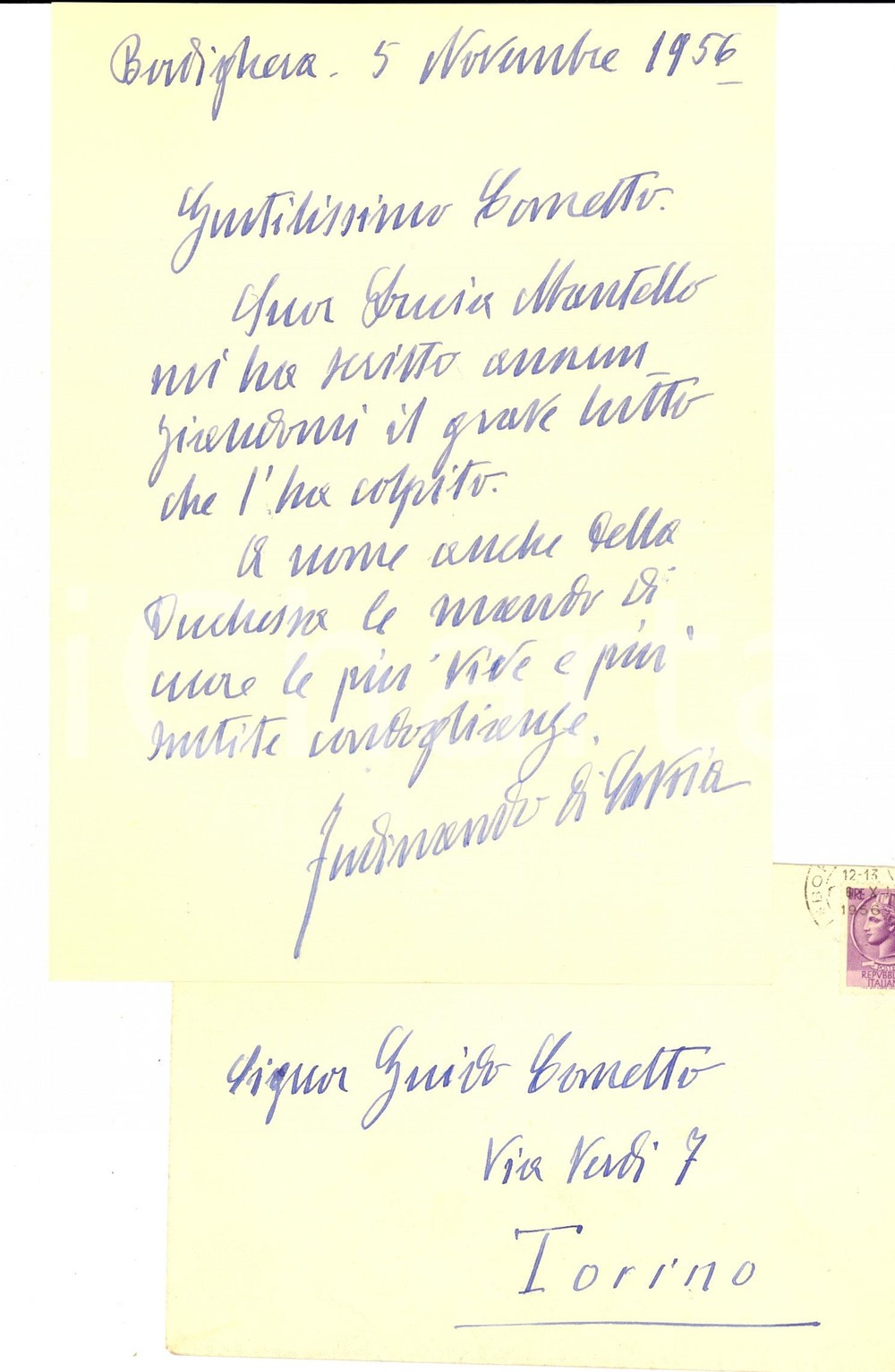 Autografo originale 1956 BORDIGHERA Condoglianze di Ferdinando di SAVOIAGENOVA AUTOGRAFO 1