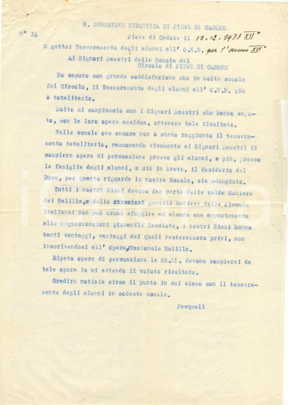 Documento originale, autentico 1933 PIEVE DI CADORE (BL) Tesseramento totalitario degli alunni all'ONB *Lettera 1
